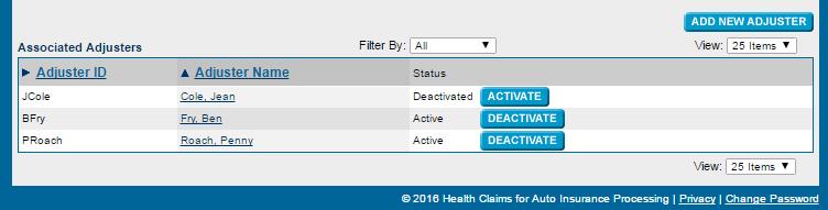 The Filter by menu, shown here, allows you to filter Associated Adjusters by status Clicking on the column header allows you to search Associated Adjusters by Adjuster ID You can filter Adjusters by