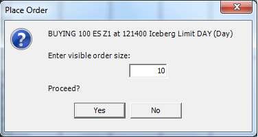 Placing Iceberg Orders An iceberg order is a limit day or GTC order that has both a total quantity and a display quantity that is shown publicly on the order book.