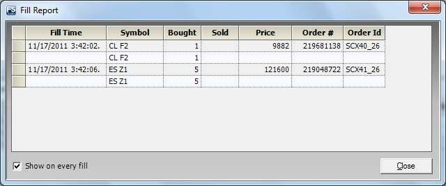 Fill Report When an order is filled, the Fill Report window opens. This window provides order details: fill time, symbol, quantity, price, order number, order ID, account, and user by default.