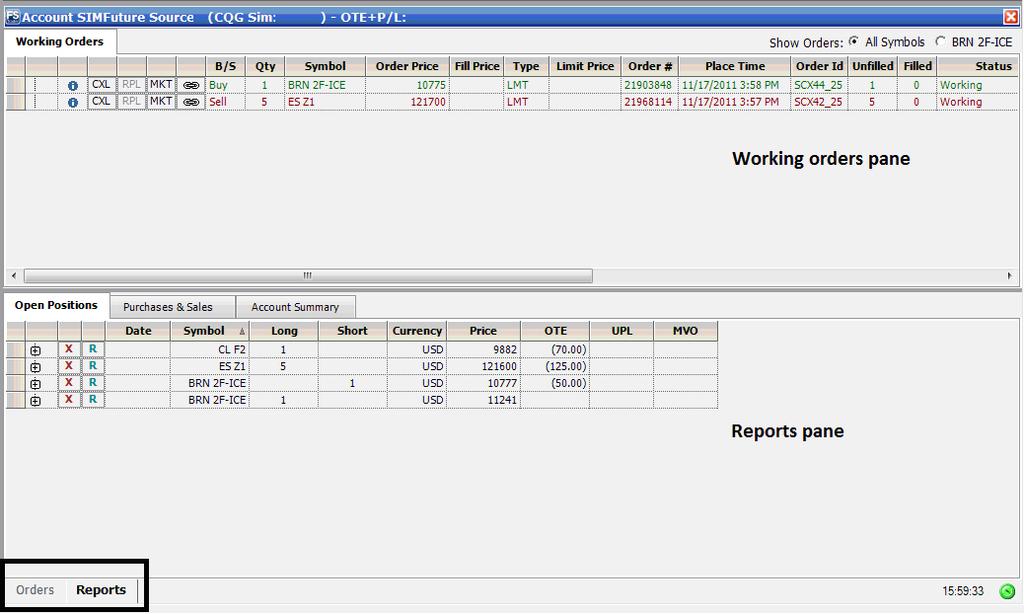 Orders and Reports Components The top of the window, the working orders pane, stays the same.