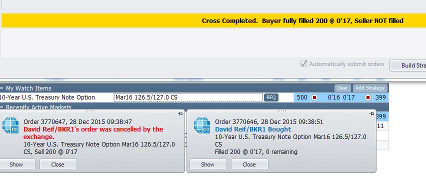 CME Direct Shows Current Status of Both Orders Single message indicates cross is complete, but one side did not receive a fill Two separate messages indicate fill confirmations on both the buy-side