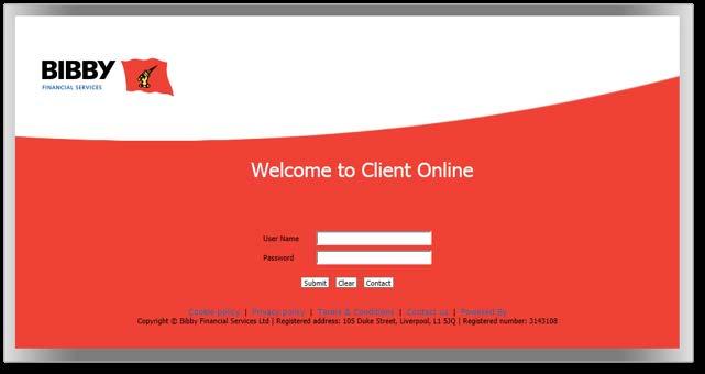 Logging In Client Online is a Web based application, and you will be provided with a link to bibbyclient.com to access it.