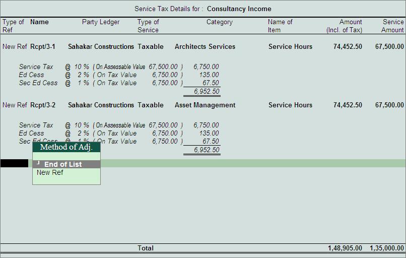 Figure 2.94 Completed Service Tax Details Screen Cursor moves to Service Amount field, which allows the user to alter the Service Amount if the service is provided towards Two Service Categories. e.g. Rs.