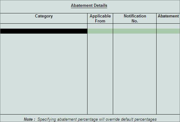 Set/Alter Abatement Details option will appear in service ledger creation/alteration screen only when the option Allow ADVANCED entries in Service Tax Master is set to Yes. 6.
