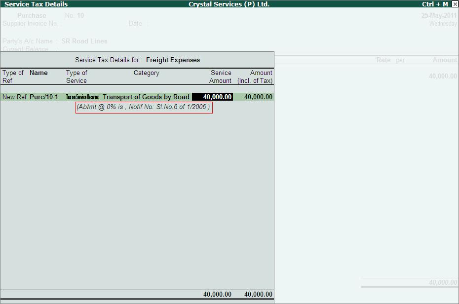 Figure 2.141 Service Tax Details Screen 5. Accept the Service Tax Details screen 6. Enter the bill details.