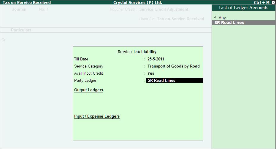 In Party Ledger field select the party from services are imported - SR Road Lines from the List of Ledger Accounts. Figure 2.