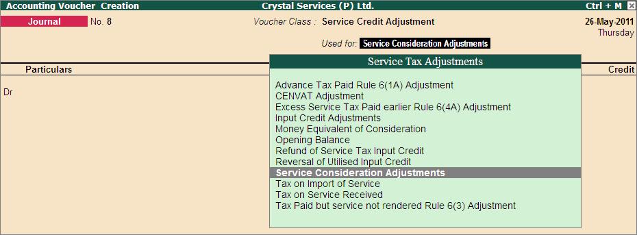 2.27 Accounting Service Consideration Receipts/ Payments through Journal Currently in Tally.