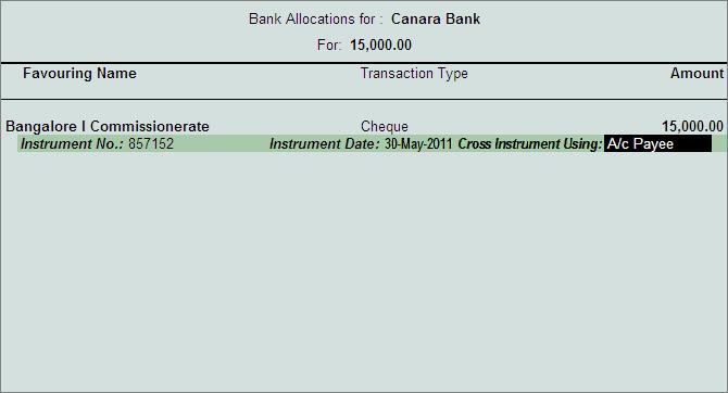 7. In Bank Allocations Screen enter the details as shown The completed Payment Voucher