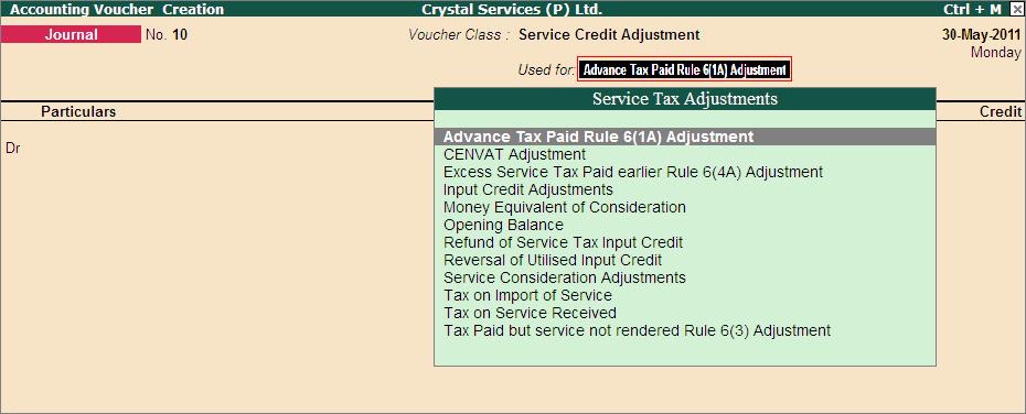 2.29.2 Adjustment of Advances against the Tax Liability Example 34: On May 30, 2011 Crystal Services (P) Ltd. adjusted Service Tax Liability of Rs. 6749.