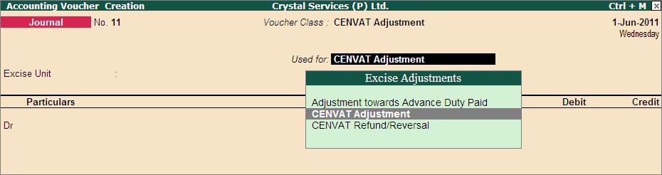 Figure 2.163 Selection of CENVAT Adjustment Flag 4. In Excise Unit field select Crystal Services (P) Ltd. 5. In Debit field select Service Tax @ 10% ledger 6.