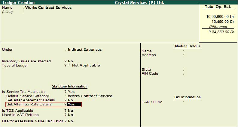 Set Inventory values are affected to No. Set Is Service Tax Applicable to Yes. In Default Service Category field select Works Contract Services from the List of Service Categories.