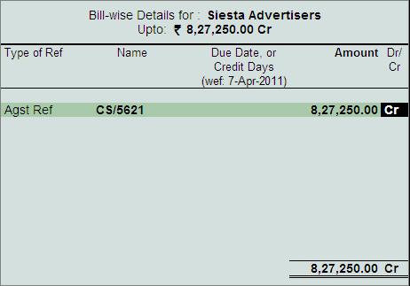 4. In Bill-Wise Details screen In Type of Ref filed select Agst Ref from Method of Adj.