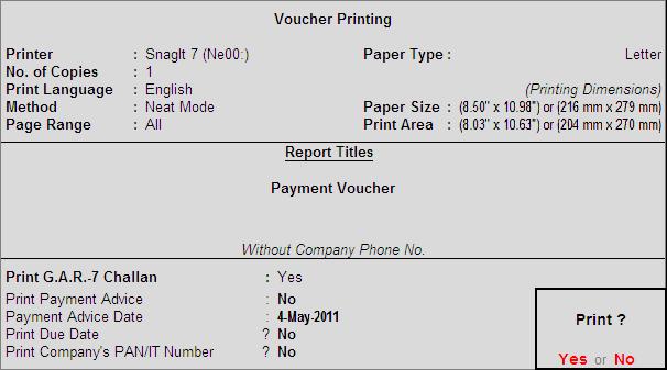 Figure 2.48 Voucher Printing Screen Press Enter to accept Voucher Printing screen to view Accounting Voucher Display screen.