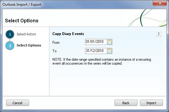 Sage 50 Accounts credit control 3. Use the From and To Date Calendar drop-down buttons to choose a date range for your Microsoft Outlook import action. 4. To continue, click Import.