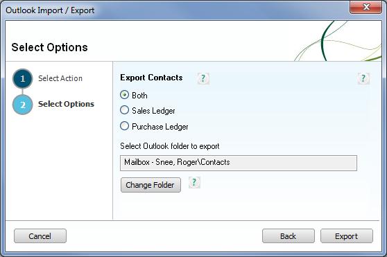 Sage 50 Accounts credit control 3. Select the Both, Sales or Purchase Ledgers options to define those Contacts folders that you wish to export into the Microsoft Outlook Contacts directory.