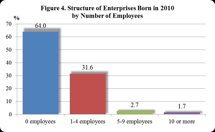 employees group with 11650 enterprises. In the same year the newborn enterprises with 10 or more employees are only 623.