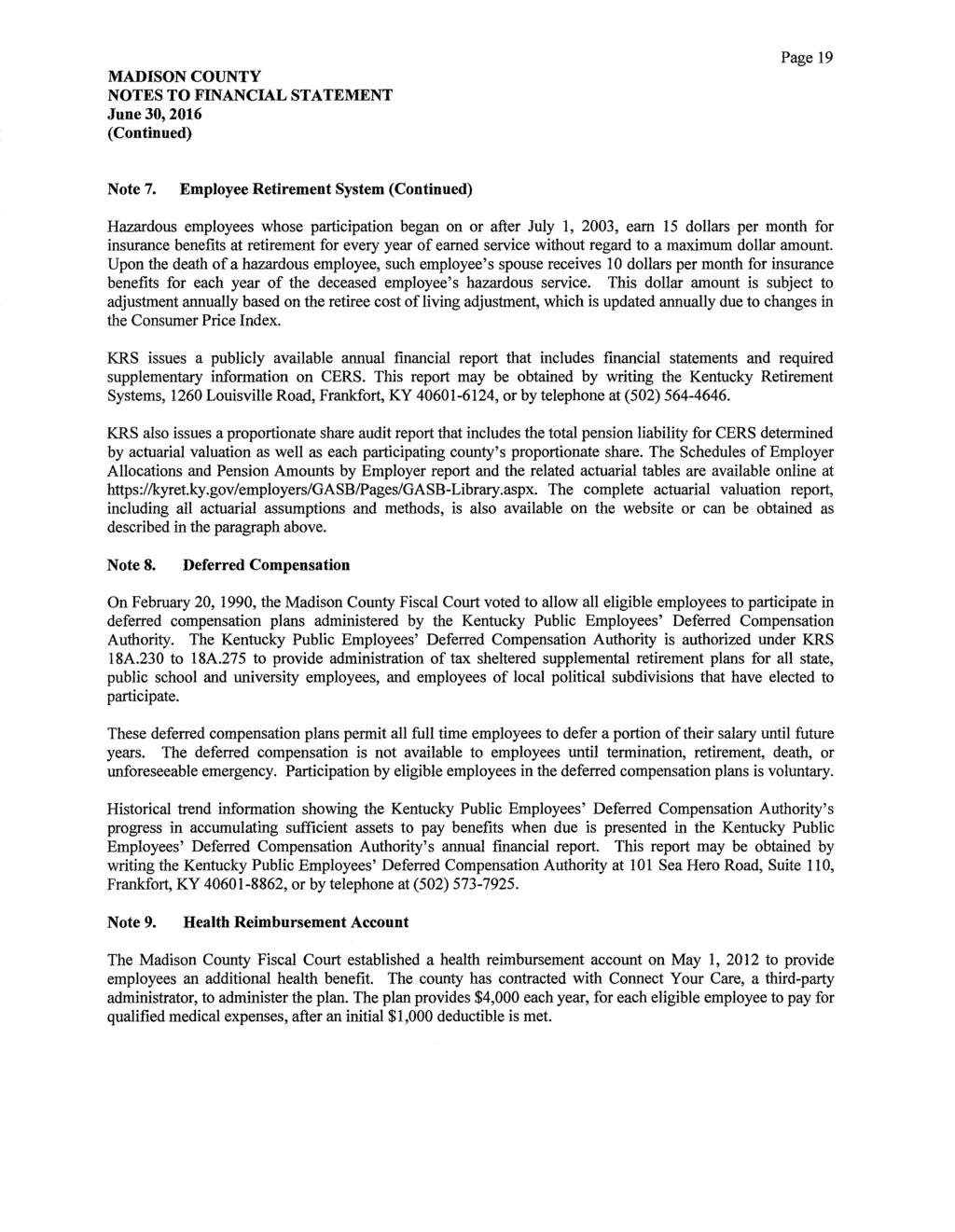 MADISON COUNTY NOTES TO FINANCIAL STATEMENT June 30, 2016 (Continued) Page 19 Note 7.