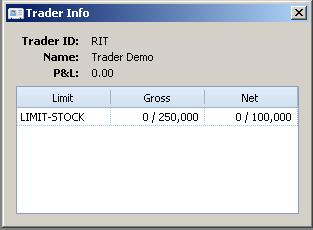 Trader Info The trader info module displays all information related to your account (Trader ID, Name, P&L and Trading Limits).