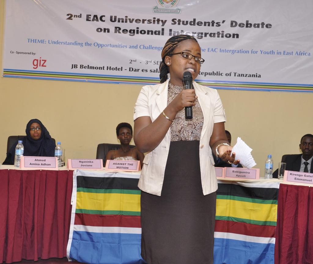 The second EAC University Students Debate The second University Students Debate on Regional Integration took place in September 2013 in Dar es Salaam.