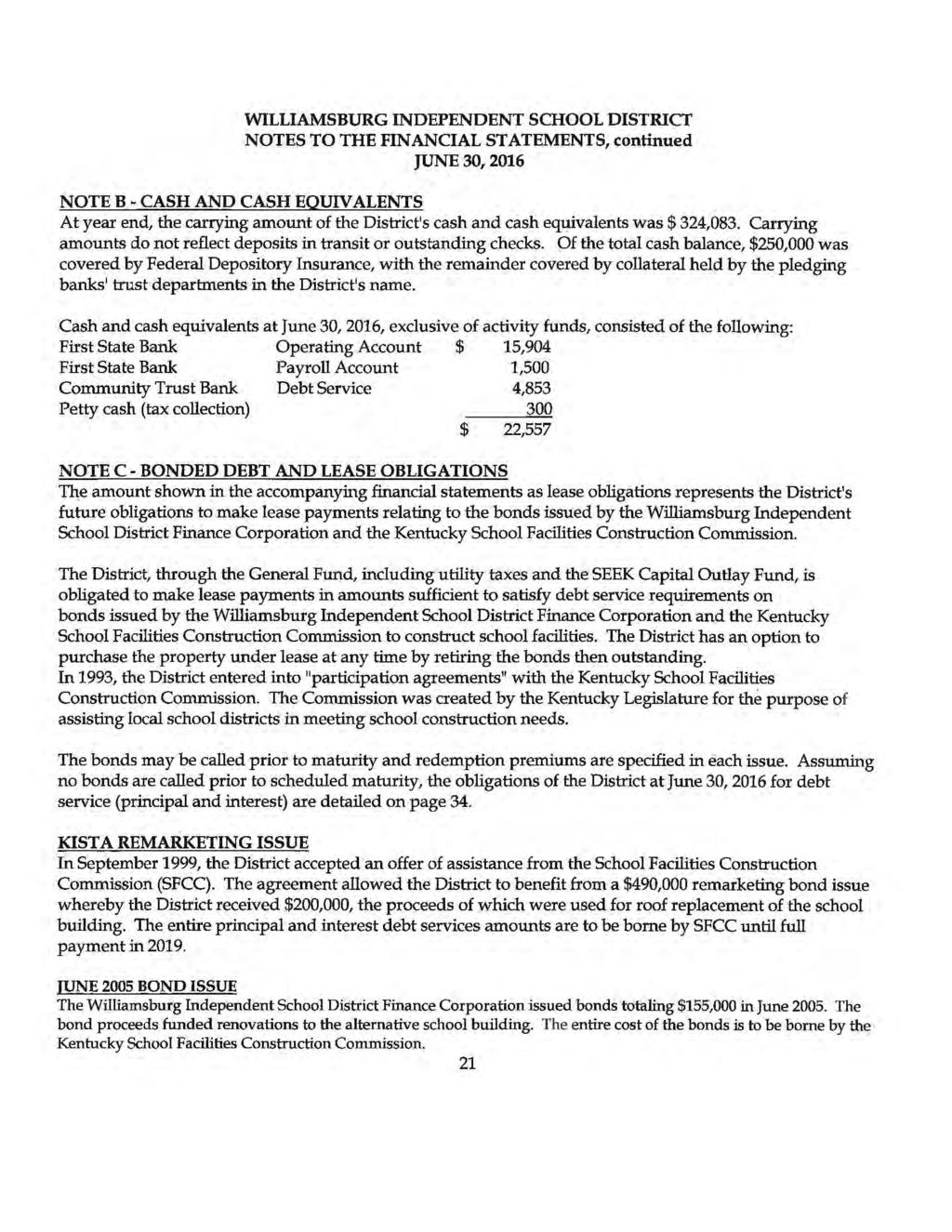 WILLIAMSBURG INDEPENDENT SCHOOL DISTRICT NOTES TO THE FINANCIAL STATEMENTS, continued JUNE 30, 2016 NOTE B - CASH AND CASH EQUIVALENTS At year end, the carrying amount of the District's cash and cash