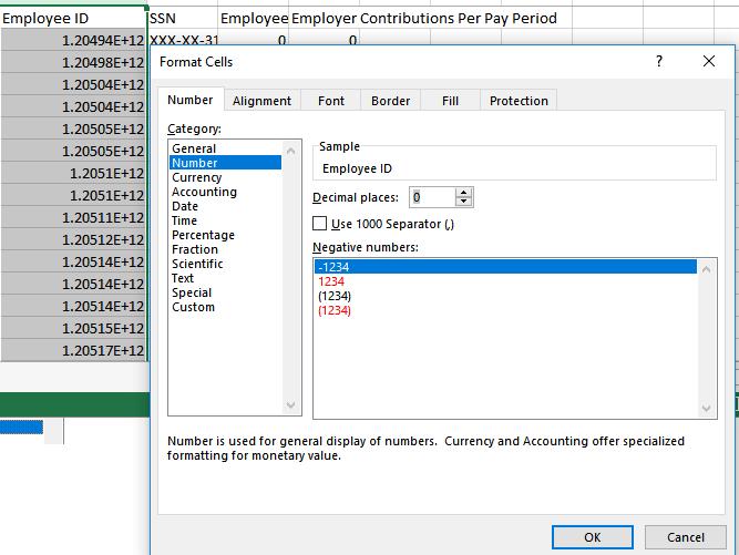 Troubleshooting: Modifying the Formatting of the Employee ID Field When FIRST downloaded, the Employee ID column in Payroll Deposit <date>.csv file defaults to Excel s Scientific formatting.