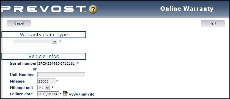 6.2 ONLINE WARRANTY SYSTEM CREATE NEW CLAIM Select the appropriate Claim Type Enter the vehicle