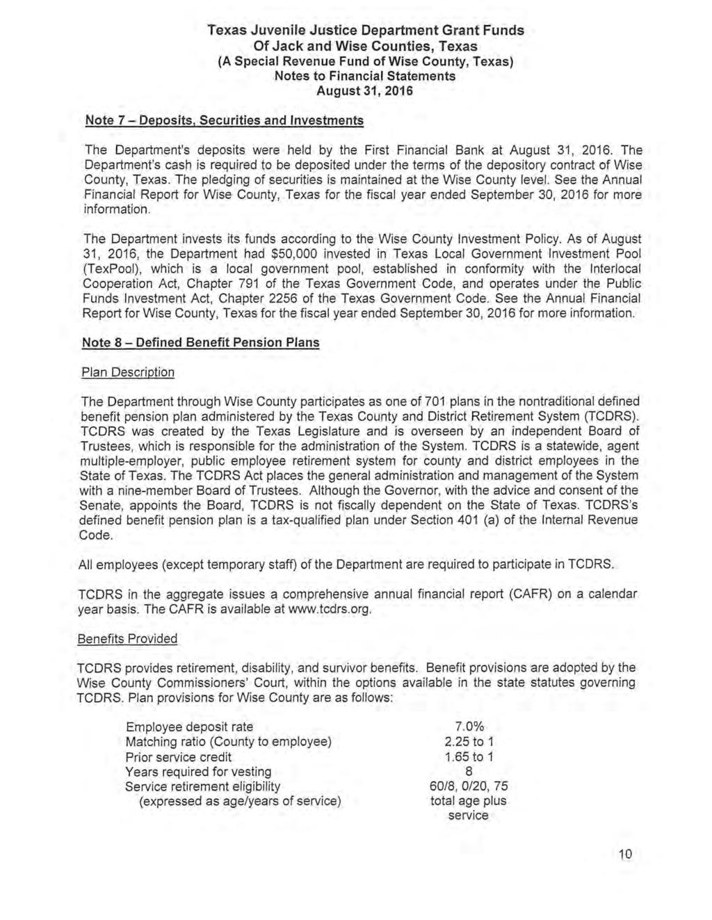 Of Jack and Wise Counties, Texas (A Special Revenue Fund of Wise County, Texas) Notes to Financial Statements August 31, 2016 Note 7 Deposits, Securities and Investments The Department's deposits