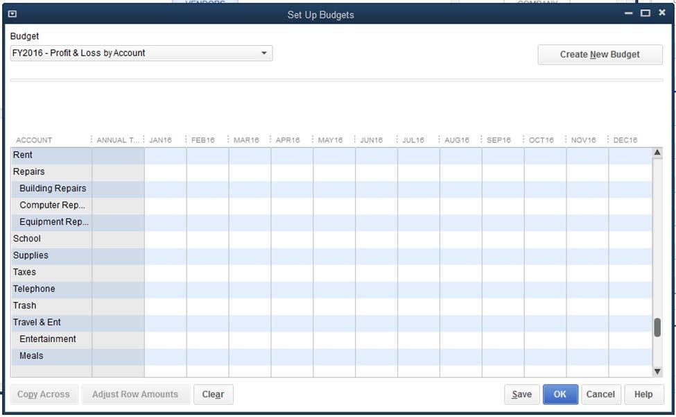 Using your Profit & Loss Report, populate the budget row numbers. Make sure the Budget in the top is for FY2016. Click OK as you go to save it, and then click Save when you are finished.