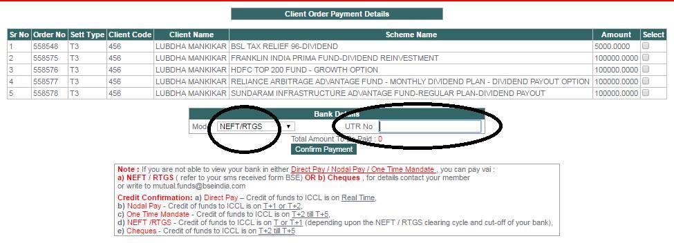 MFDICC, IFSC code HDFC0000240 Provision to choose NEFT / RTGS mode and enter UTR in Online payment services on