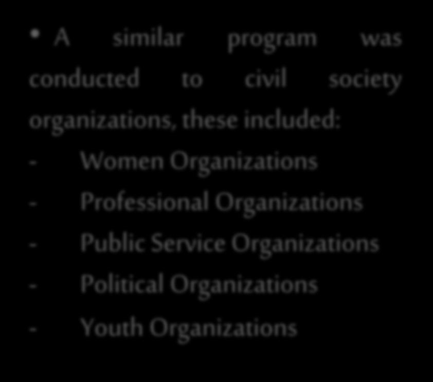 organizations, these included: - Women Organizations - Professional