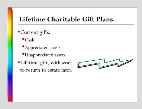 If you have an asset that has appreciated in value, and you give the gift to a charity, you get to count the full value of the gift as a charitable gift, but you don t have to pay capital gains tax