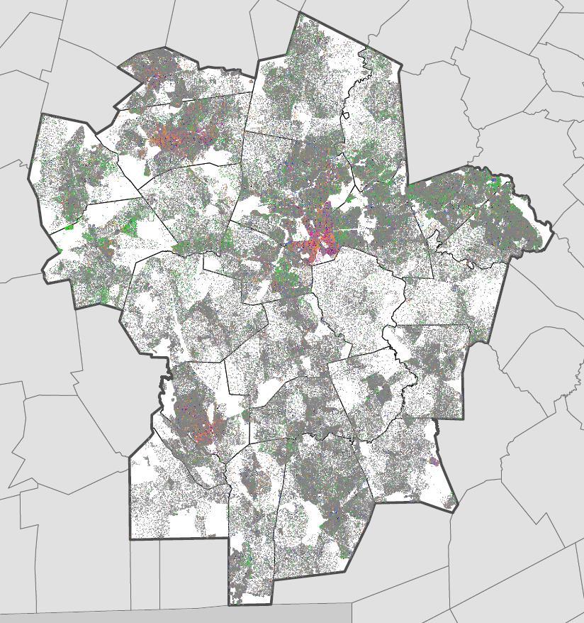 Racial dot map (2010) White and Asian populations are distributed throughout the region Latinx, Black, and multiracial or other races are more clustered within a few cities