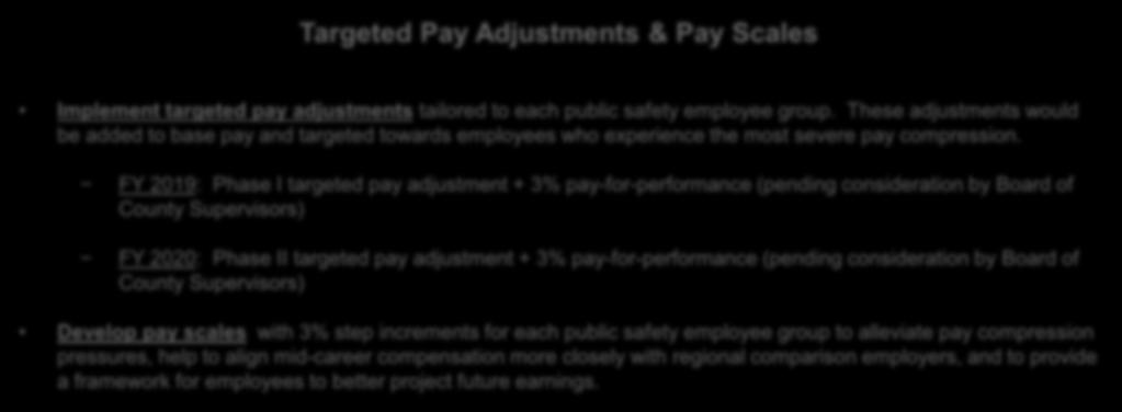 FY 2019: Phase I targeted pay adjustment + 3% pay-for-performance (pending consideration by Board of County Supervisors) FY 2020: Phase II targeted pay adjustment + 3% pay-for-performance (pending