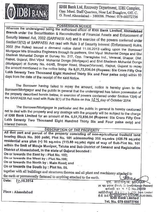 I. Possession Notice published in the newspapers Shivalika Engineers (partnership firm) e-auction of The above notice was published in the following newspapers on October 19, 2014 i) Times of India