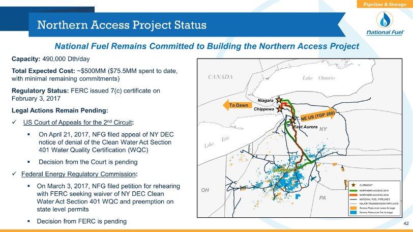 Northern Access Project Status Capacity: 490,000 Dth/day Total Expected Cost: ~$500MM ($75.