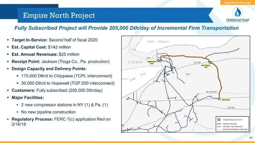 Empire North Project Target In-Service: Second half of fiscal 2020 Est. Capital Cost: $142 million Est. Annual Revenues: $25 million Receipt Point: Jackson (Tioga Co., Pa.