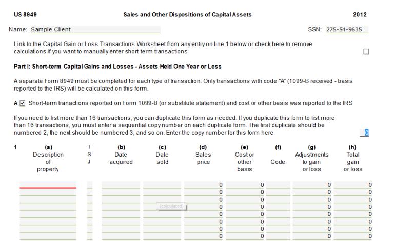 Link from line 1 of the Schedule D to Form 8949 page 1A: Link from line 1 of the Form 8949 link to the Capital Gain or Loss Transaction Worksheet.