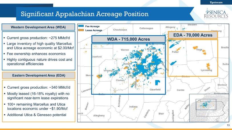 Significant Appalachian Acreage Position Current gross production: ~340 MMcf/d Mostly leased (16-18% royalty) with no significant near-term lease expirations 100+ remaining Marcellus and Utica
