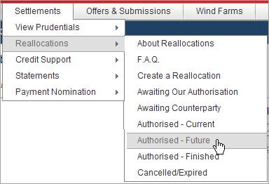 3.8 Viewing Authorised - Future The Authorised Future menu contains a view of authorised reallocation requests that take effect in the future that is, they are not yet within the current outstandings