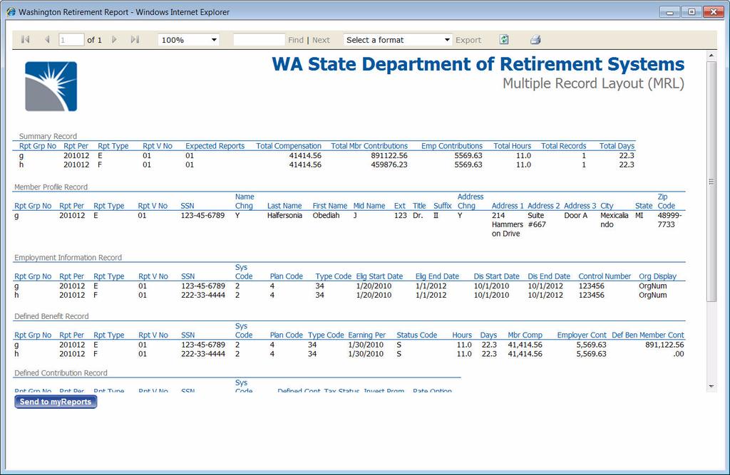 Sample Washington Retirement Report To view the transmittal file, click the