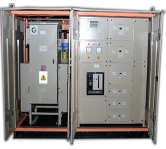 The equipments include a step down transformer, a Vacuum Circuit Breaker (VCB) or a Ring Main Unit (RMU) on High Voltage (HV) side and Low Voltage (LV) distribution panel in LV side compartment.