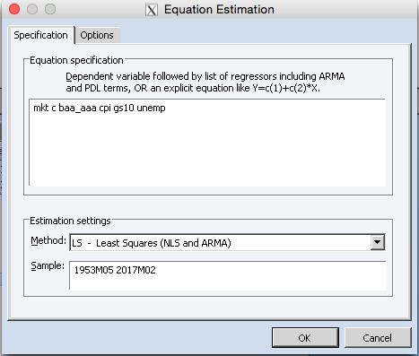 equation. All of our variables are accounted for, and we make sure that the method used is LS Least Squares (NLS and ARMA), and then select OK.