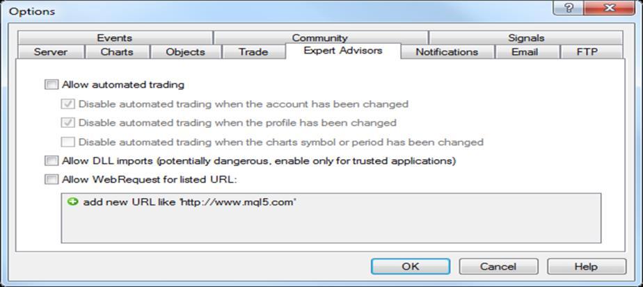 34 Expert Advisor - Setup To allow an MQL4 application to send such requests, enable this option and