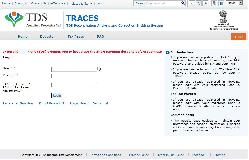Enter TRACES User ID Enter