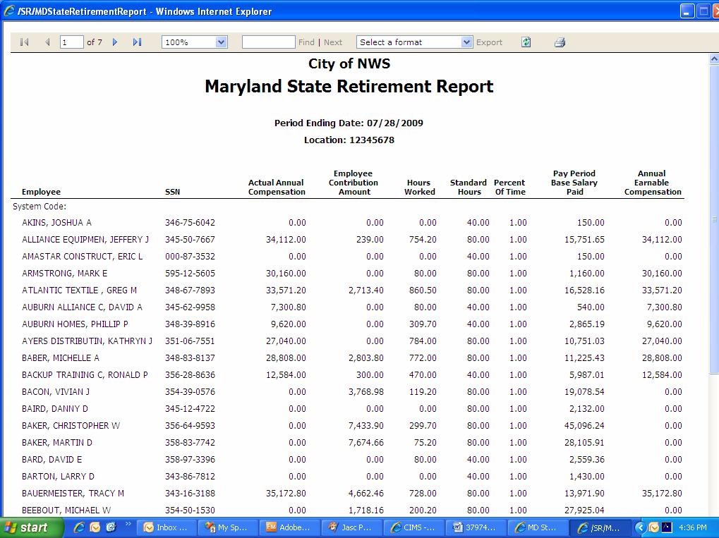 Sample Maryland State Retirement Report To view the transmittal file, click the