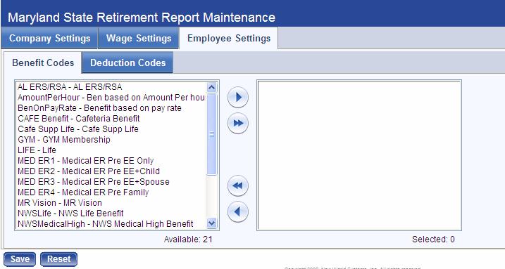 The Employee Settings tab contains multi-select list boxes for the selection of benefits and deductions that will be used when employee contributions are calculated.