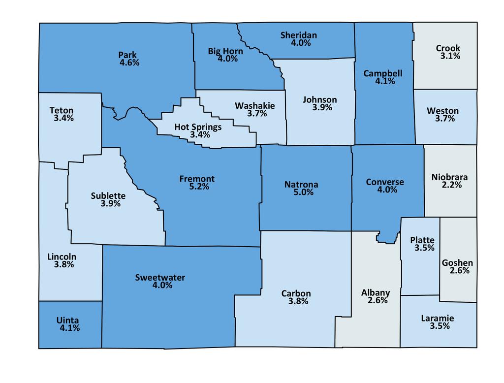 Wyoming Unemployment Rates By County November 2017 State Rate = 4.2% 7.0% + 6.