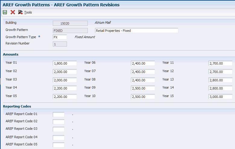 Setting Up AREF Growth Patterns Figure 3 1 AREF Growth Pattern Revisions form Building Enter an alphanumeric code that identifies a separate entity within a business for which you want to apply a