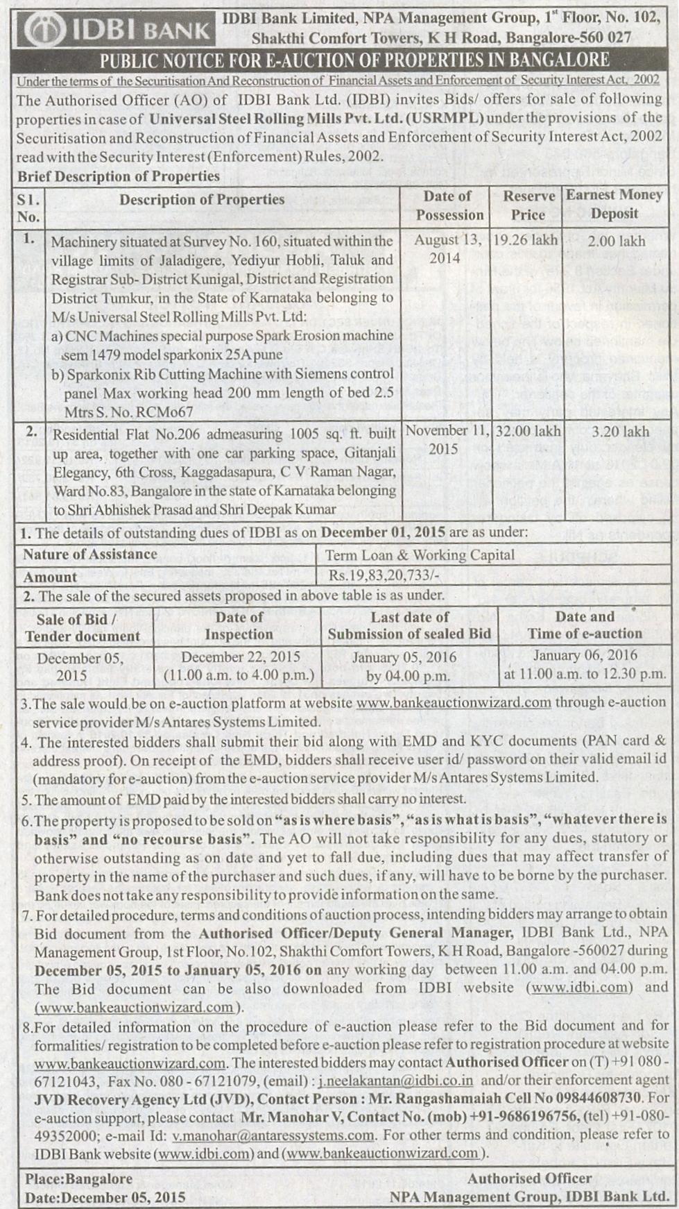 I. E-auction Sale Notice The above notice was published in the following