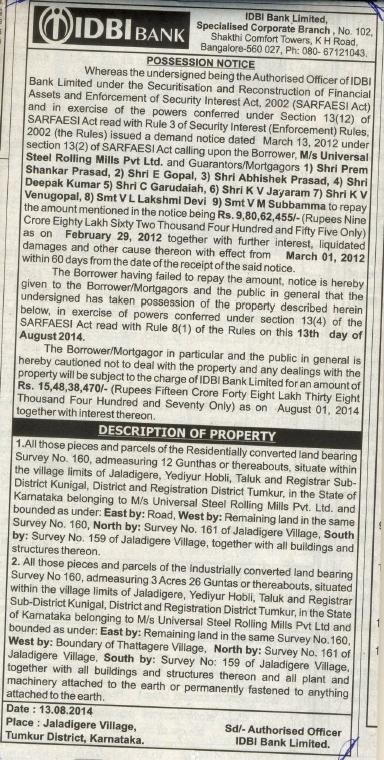 II. POSSESSION NOTICE PUBLISHED IN NEWSPAPERS The above notice was published in the